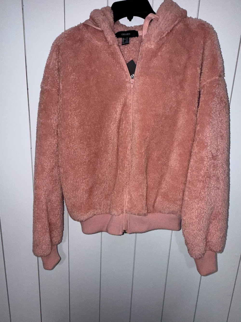 Forever 21 Plush Hooded Zip-Up Jacket in Blush Pink
